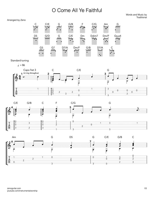 o come all ye faithful guitar tab and sheet music